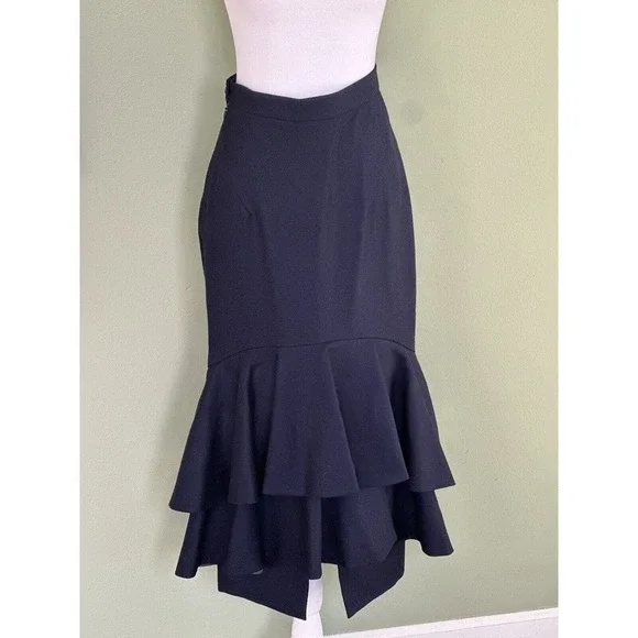 Lake Studio Skirt Midi Ruffle 100% Wool Navy Blue Classic Luxury Sz 42 US 6, M - Picture 4 of 11